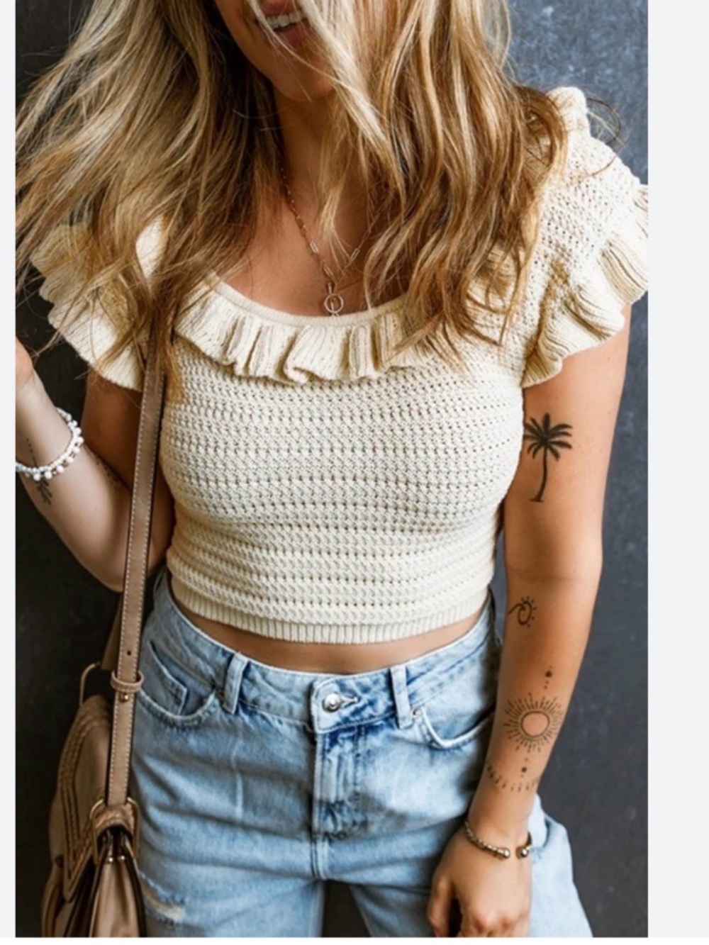H&M Cream Ruffled Knit Crop Top - Women